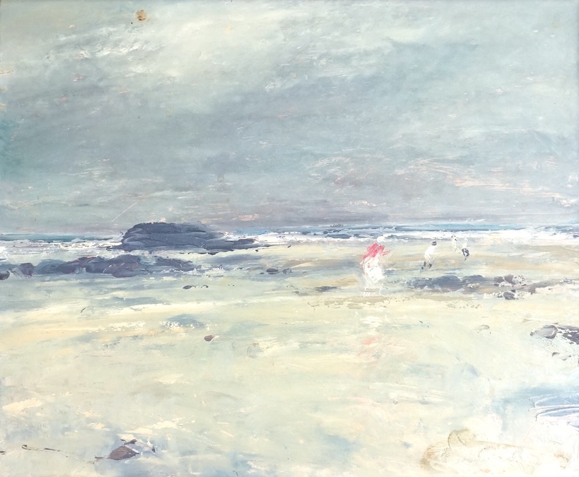 Impressionist oil on board, Beach scene with figures, unsigned, 24 x 29cm